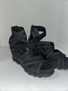 Sorel Black Crisscross Wedge Sandals